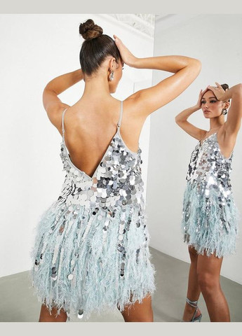 Бирюзовое платье мини с искусственными перьями и паетками вечерние коктейльное Asos