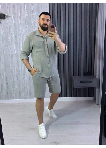 Оливковый летний мужской костюм с рубашкой, с шортами FINO Mode