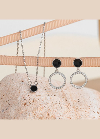 Срібні сережки пусети День-Ніч з чорною емаллю та білими фіанітами Каштан (342335500)