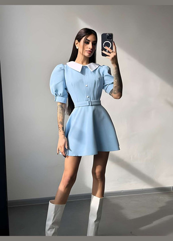 Блакитна святковий, коктейльна, повсякденний, кежуал, вечірня жіноча чорна коротка міні сукня з білим комірцем рукава ліхтарики baby doll Україна