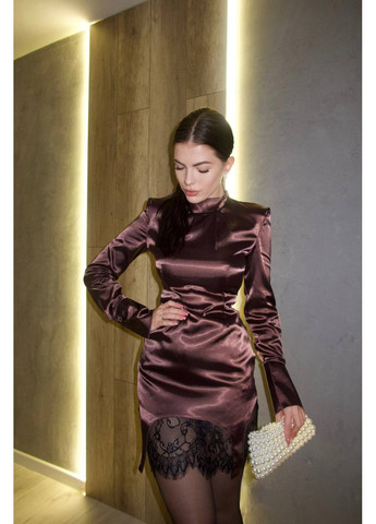 Коричнева вечiрня сукня мiнi з шовку коричневого кольору 36270 а-силует No Brand однотонна