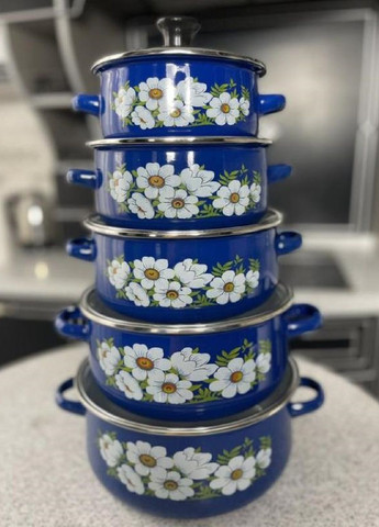 Набор комплект эмалированной посуды кастрюль со стеклянными крышками 5 штук с рисунком (476589-Prob) Синий Unbranded (285165371)