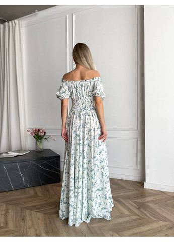Білосніжна святковий, повсякденний, вечірня, пляжна, кежуал жіноча довга сукня з відкритими плечима Vakko з квітковим принтом