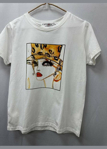 Футболка женская белая с принтом в шляпе леопардовой MKKS129-1 Modna KAZKA - (336932176)