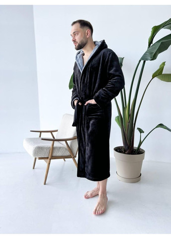 Чоловічий теплий халат, / Халат чоловічий м’який з капюшоном, чорний / Чоловічий велюровий халат із поясом і кишенями No Brand (367610200)