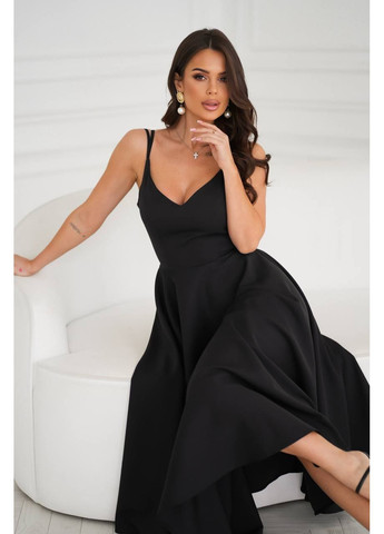 Чорна святковий, вечірня коктейльна сукня з міді-спідницею сонце та подвійними бретелями Україна однотонна