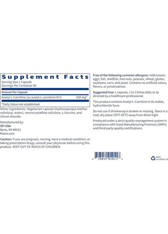 Acetyl L-Carnitine / Ацетил L-карнітін 500 мг 90 капсул Klaire Labs (303701180)