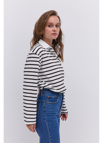 Лонгслив с воротником поло молочный в коричневую полоску Arjen (364967636)