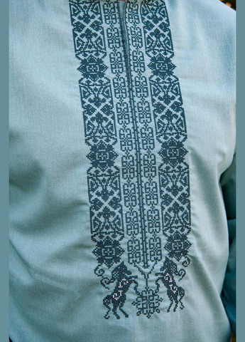 Зелена чоловіча зелена вишиванка із льону | вишита сорочка з геометричним орнаментом візерунок орнамент приталена, вільна, пряма льон (322167529)