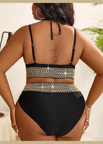 Чорний літній купальник жіночий роздільний чорний із золотим оздобленням великий розмір роздільний No Brand 5141