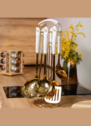 Набор кухонных принадлежностей 6 штук с керамической ручкой на подставке, золото Yiwu (328603916)