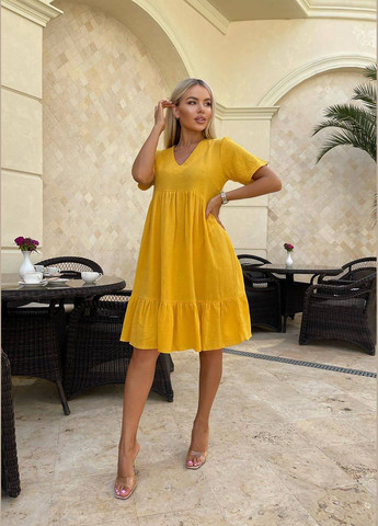 Жовтий коктейльна, повсякденний, джинсова, вечірня, кежуал сукня з жатки «сонячна ніжність» INNOE однотонна