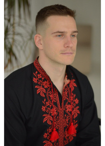 Чорна чорна чоловіча вишиванка з червоним борщагівським орнаментом візерунок орнамент бавовна (353390238)