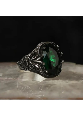 Чорний вінтажний чоловічий перстень з зеленим кристалом кубічного цирконію з узорами розмір 19 AurumLux 632 Fashion Jewelry (365777333)