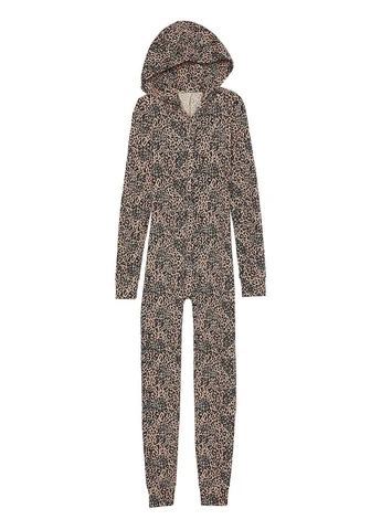 Комбинированная всесезон пижама-комбинезон pink leopard hooded one-piece: леопардовый комбинезон с капюшоном и ушками комбинезон Victoria's Secret