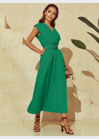 Зеленое зеленое платье из льна с расклешенной юбкой Dressa