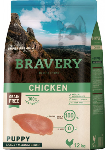 Сухой корм Chicken Puppy Large/Medium для щенков средних и крупных пород с курицей 12 кг (8436538946749) Bravery (315867913)