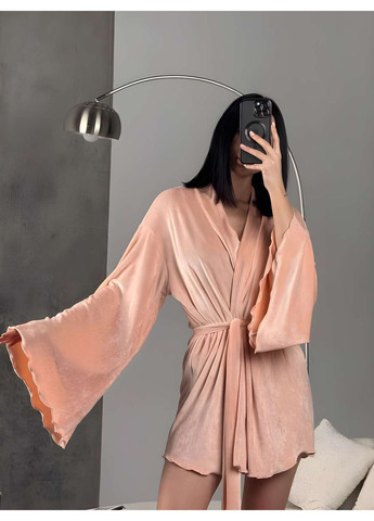 Жіночий короткий велюровий халат міні кімоно із широкими рукавами персиковий Україна (371372771)