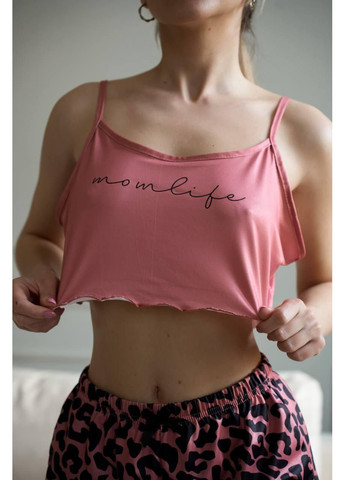 Рожева жіноча піжама рожево-чорна з леопардовим принтом і топом momlife / жіноча піжама сатинова леопардова рожевого кольору No Brand