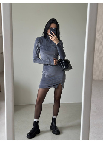 Серое праздничный, коктейльное, повседневный, вечернее, кэжуал женское велюровое платье FINO Mode