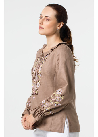 Коричнева жіноча лляна вишиванка з симетричним рослинним орнаментом янка., р., код 9476/42/101 ГАЛЕРЕЯ ЛЬОНУ