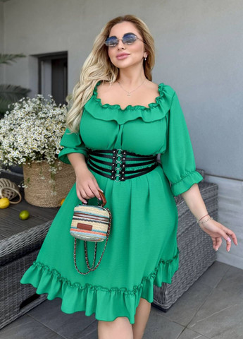 Зеленое повседневный платье до колена с оборками а-силуэт Україна однотонное