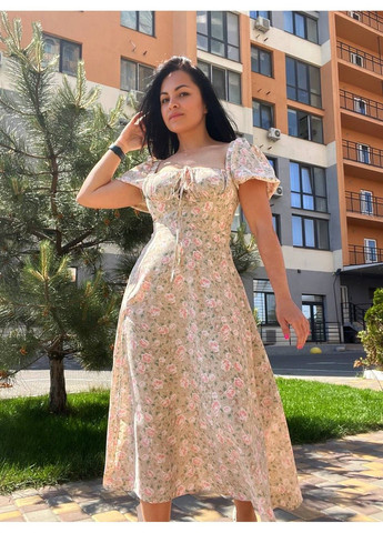 Рожева сукня жіноча літня a-n 2669 квітковий принт розріз шнурок на грудях довге No Brand з квітковим принтом