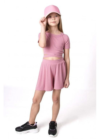 Розовый летний костюм топ и шорты в рубчик Mevis