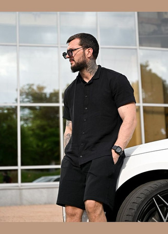 Черный летний стильный мужской костюм рубашка+шорты черный Freedom