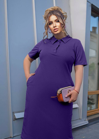 Фиолетовое повседневный, кэжуал летнее платье миди с коротким рукавом американскй креп жатка Modena однотонное
