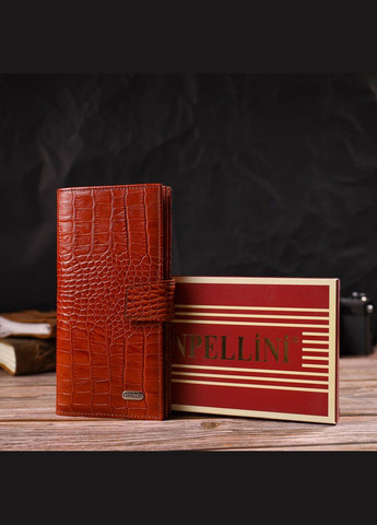 Лаковане вертикальне чоловіче портмоне з натуральної фактурної шкіри з тисненням під крокодила 21719 Коричневе Canpellini (329150223)