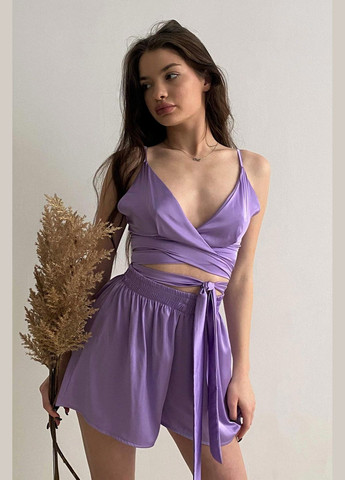 Светло-фиолетовая всесезон женская пижама комплект топ на запах+шорты топ + шорты Without