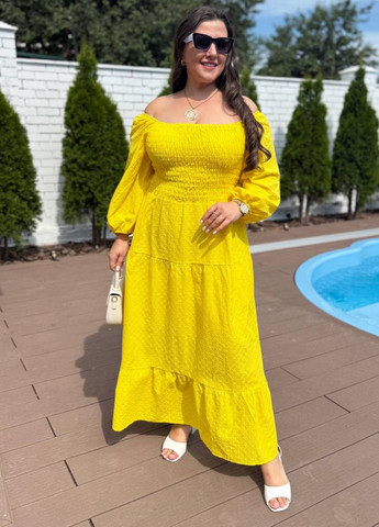 Желтое повседневный изысканное легкое летнее макси платье прошва с подкладкой и длинными рукавами фонарик Tik-Tak однотонное