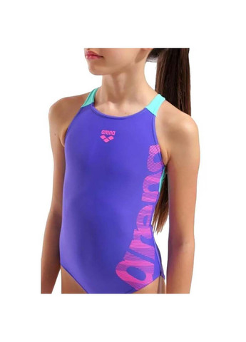 Комбинированный демисезонный купальник закрытый для девочек graphic swimsuit v back фиолетовый, розовый Arena