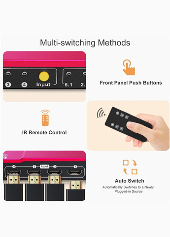 HDMI перемикач TESmart 4x1, 4K 60Hz, UHD, оптичний аудіовихід, пульт ДУ, підтримка HDR, Dolby Vision, червоний No Brand (338193291)