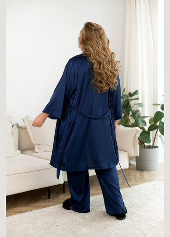 Темно-синяя всесезон домашний шелковый костюм 3-ка Minova