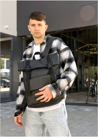 Рюкзак мужской из экокожи ролл RollTop Milton с клапаном Черный Sambag (301871786)