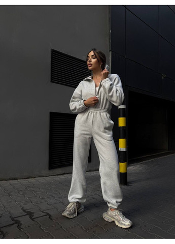 Женский комбинезон на флисе No Brand комбинезон-брюки однотонный серый спортивный, повседневный, денил трехнитка, флис