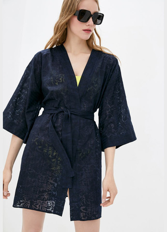 Пляжный короткий халат-кимоно из фактурного хлопка темно-синего цвета. ORA (278643226)