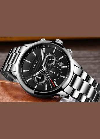 Часы мужские наручные кварцевые классические черные Lige 9866 Silver (325478517)