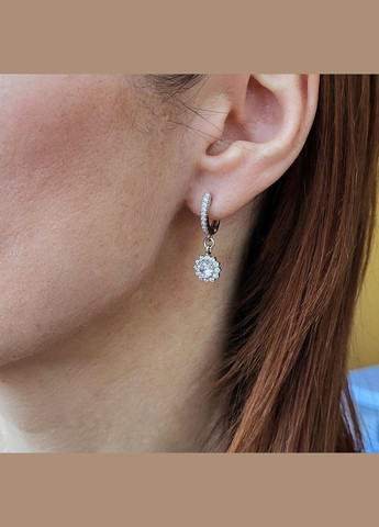 Срібні сережки з підвіскою Квітка з Білими каменями срібло 925 проби Родоване 82089б 3.84г No Brand (306743174)