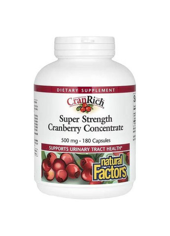 CranRich, Super Strength, концентрат журавлини, 500 мг, 180 капсул Natural Factors (361858604)