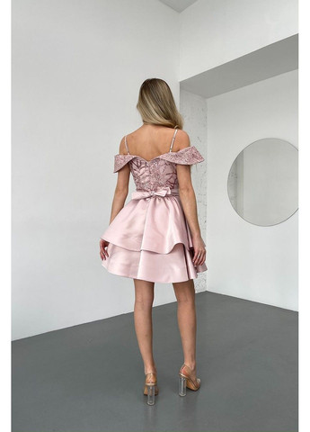 Рожева святковий, коктейльна, вечірня коктейльна сукня атлас паєтка відкриті плечі 25023 рожева Tanita-Romario
