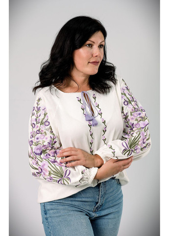 Молочная женская льняная вышиванка этно блуза с вышивкой узор цветочный приталенная, свободная, прямой лен (322503779)