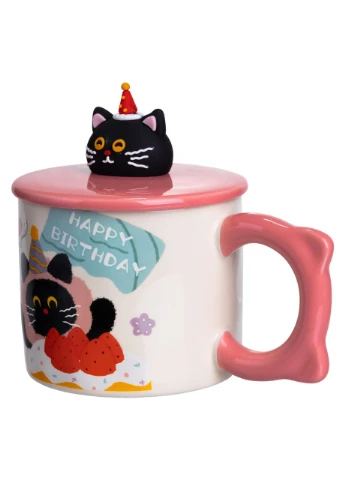 Кубок порцелянова з кришкою Kitten's Birthday 400 (мл) подарункова кружка прикольна чашка для дітей на подарунок FM-24C Yiwu (387342916)