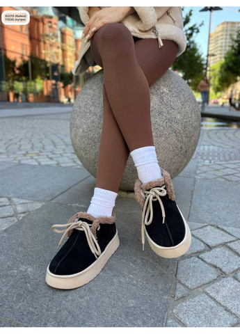 Осенние ботинки с тедди-отделкой из чёрной замши с бежевой подошвой челси No Brand с мехом из натуральной замши