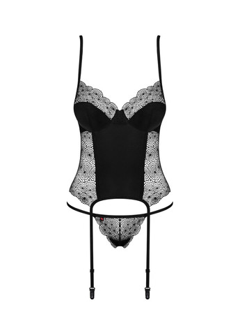 Чорний комплект sharlotte корсет з пажами для панчох та трусики стрінги, чорний, Obsessive