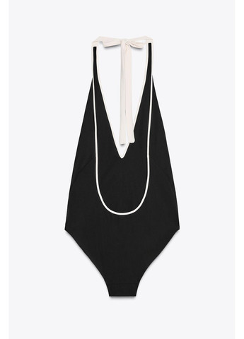 Черный летний контрастный купальник с воротником хальтер Zara