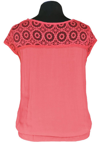 Коралловая блузка женская летняя вискозная с коротким рукавом и кружевом коралл free size No Brand