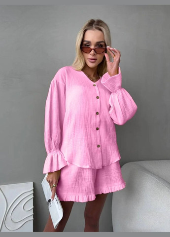 Жіночий літній костюм сорочка вільного крою та шорти з рюшами MonCher (339604644)